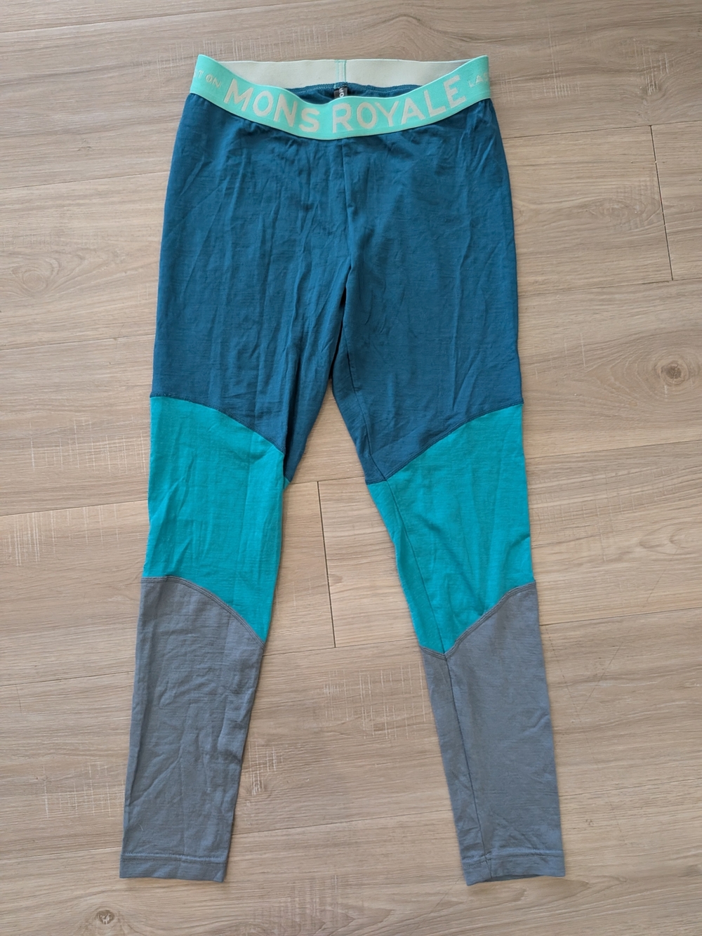 Mons Royale Colorblock Merino Base Layer Leggings - Teal/Blue/Grey
